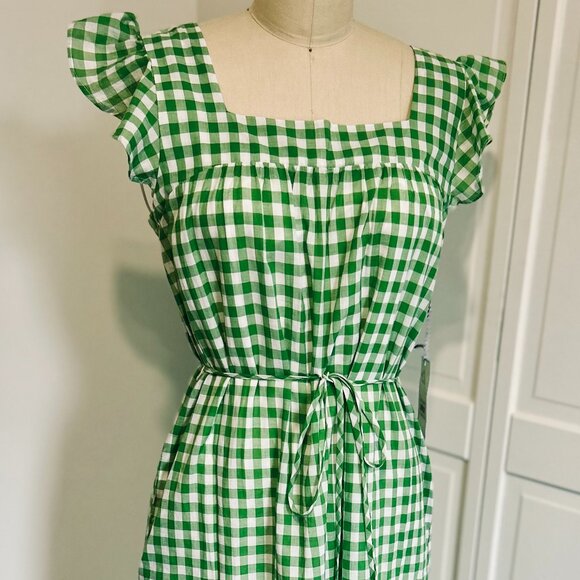 Draper James RSVP Flutter Sleeve Tiered Green/White Gingham Midi Dress Small - Picture 1 of 9